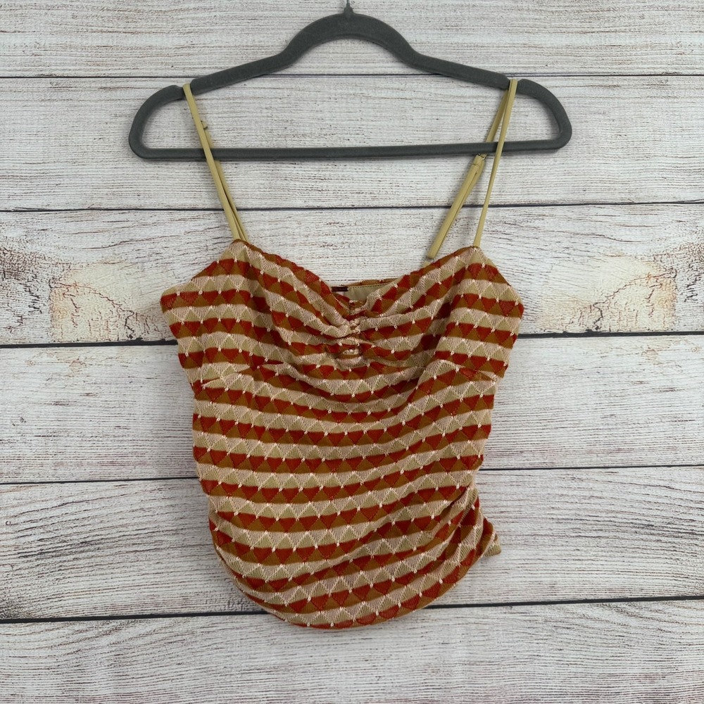 Free People Tank Top Women Medium Orange Tan Geometric Cowl Neck OB1923868